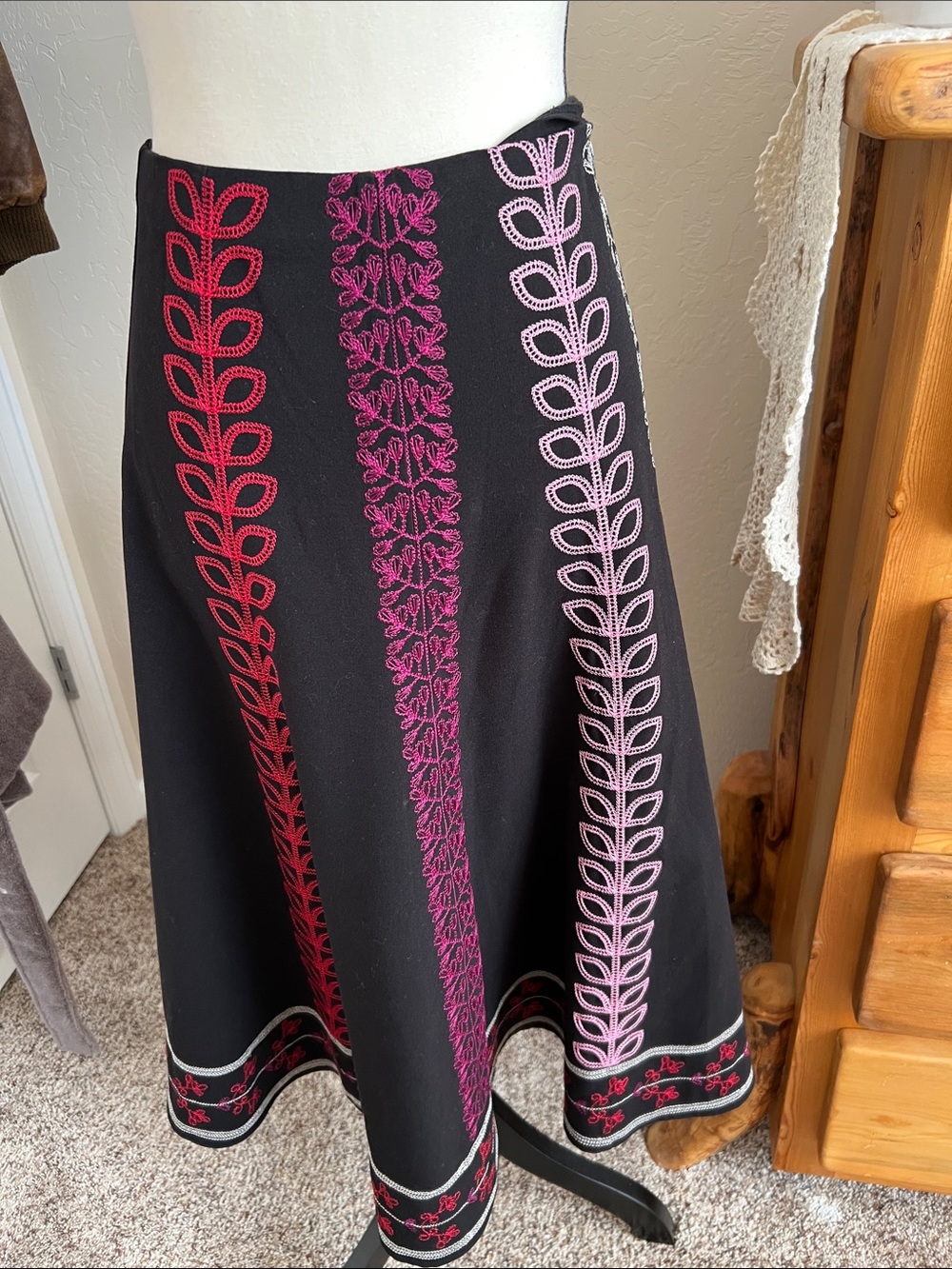 Allison Taylor Black A-Line Skirt with Pink and Fuchsia Embroidery